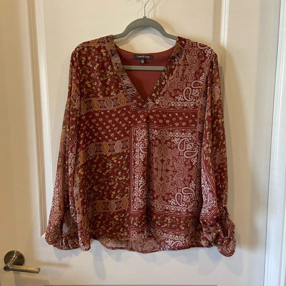 Laurel Grey Long Sleeve Patchwork Floral V-Neck Rust Orange Top Size Small
